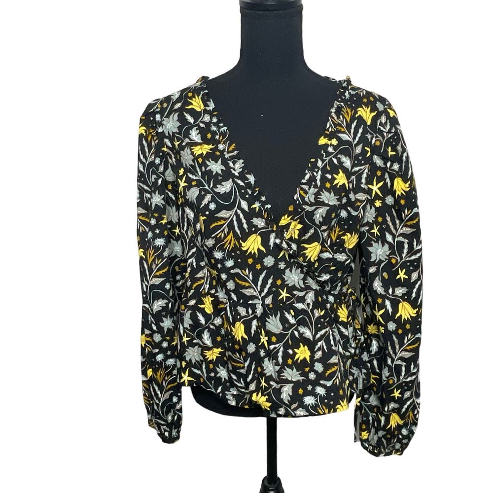 Universal Thread Wrap Top Floral Pattern Balloon Long Sleeve V-Neck Black Medium